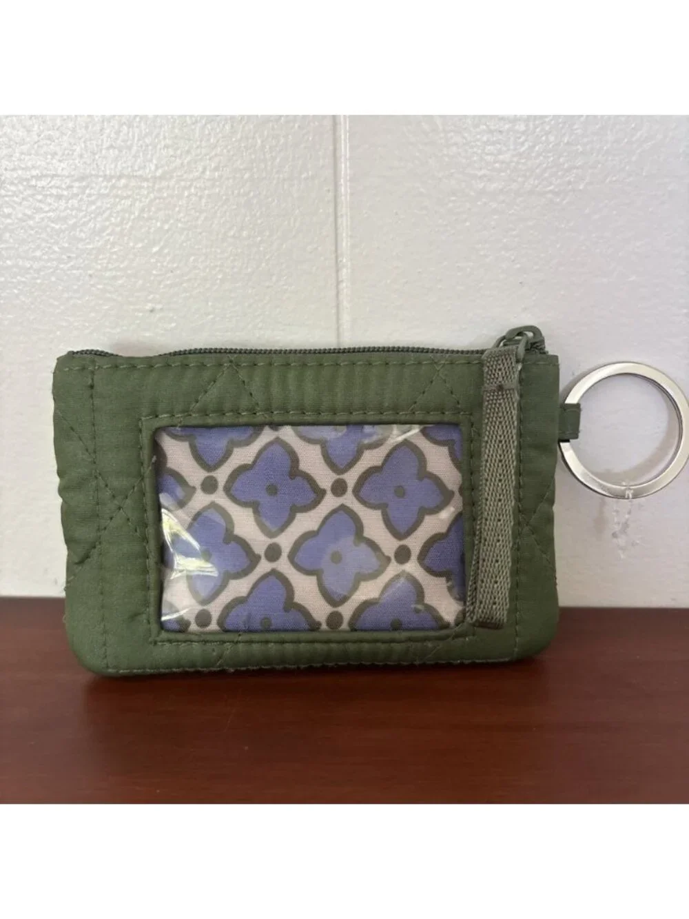 Vera Bradley Cedar Green Ultralight Zip-ID Case w/ Key Ring Floral Lining